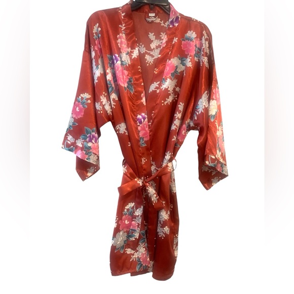 Floral Satin Robe Kimono Short With Belt Boho Women’s One Size - Picture 1 of 5